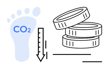 Environmental impact, carbon neutrality, financial benefits, climate change, sustainability, eco-friendly practices. Footprint with CO2, coins and downward arrow. Carbon neutrality and financialのイラスト素材