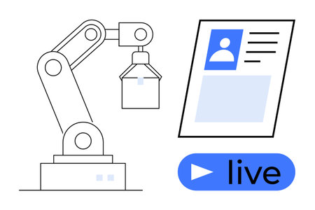 Robotic automation. A robotic arm interacts with digital identity and live streaming elements, how...