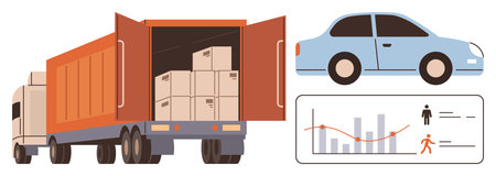 Cargo truck loaded with boxes, blue car nearby, and a chart displaying analytics data. Ideal for logistics, transportation, delivery, supply chain, shipping, data monitoring business managementのイラスト素材