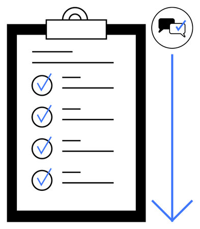 Checklist with blue checkmarks on a clipboard, message bubble with checkmark, arrow indicating...