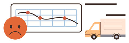 Downward graph with data points, sad face symbolizing dissatisfaction, and a delivery truck. Ideal for business decline, logistics challenges, sales drop, market analysis, e-commerce, customerのイラスト素材