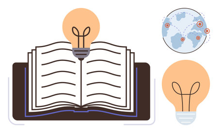 Open book with a glowing lightbulb symbolizing learning, creativity, and ideas. A globe with...