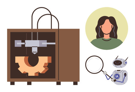 3D printer creating a gear, female avatar in a circular frame, and AI robot analyzing with a...