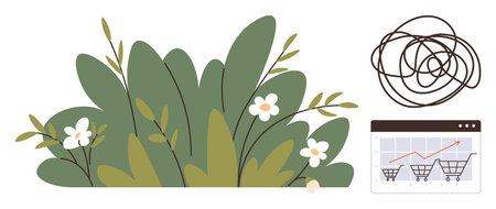 Lush green plants with flowers, a tangled line for confusion, and a graph showing cart growth. Ideal for growth, planning, e-commerce, nature, challenges analytics decision-making. A simple flatのイラスト素材