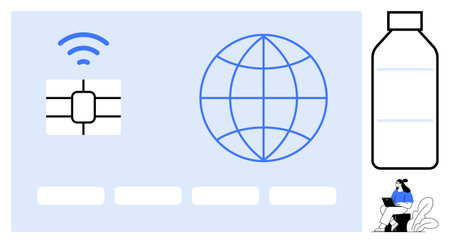 Contactless payment. Wireless chip and global symbol reflect  payments via modern technology. Contactless payment also promotes eco-friendly practices. Perfect for fintech, ecommerceのイラスト素材