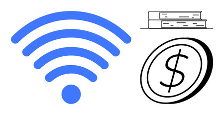 Technology, education, finances, connectivity, e-learning, savings. Blue wireless signal, stacked...
