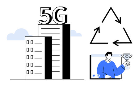 5G-enabled building, recycling icon, and virtual award ceremony theme. Ideal for technology,...