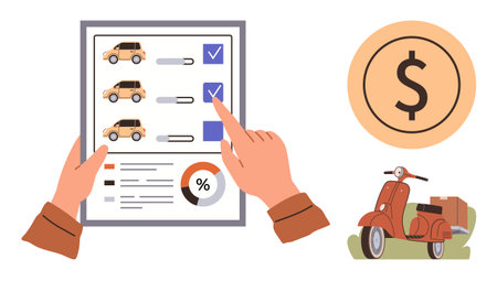 Hands selecting options on a tablet for cars and a scooter, cost symbol and data chart. Ideal for transportation choice, budgeting, shopping, financial planning, online platforms, decision-makingのイラスト素材