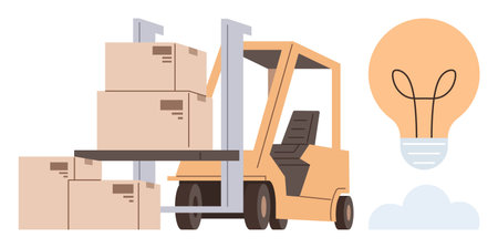 Forklift moving stacked boxes, suggesting efficiency and productivity. Light bulb adds creativity and innovation. Ideal for logistics, supply chain, warehousing, productivity, transport, ideasのイラスト素材
