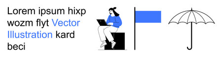 Freelancing, online work, creativity, protection, independence, modern design. Woman sitting with a laptop, blue flag and umbrella graphic. Freelancing and online work conceptのイラスト素材