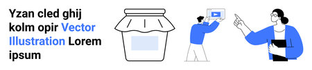 Glass jar, person holding framed content, and another presenting on digital screen. Ideal for creativity, teamwork, technology, presentation, learning, branding simple landing pageのイラスト素材