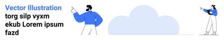 Two individuals in casual outfits pointing and engaging with abstract cloud shapes. Ideal for...