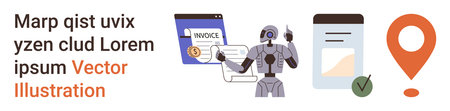 Business automation, artificial intelligence, online services, digital transactions, navigation tools, data security. Robot, invoice document and location pin are visible. Business automationのイラスト素材