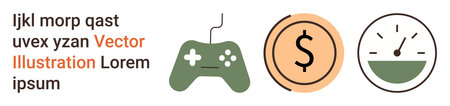 Gaming, finance, analytics, entertainment, speed, performance. A green game controller, dollar...