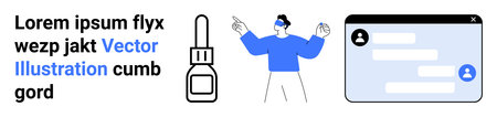 Digital marketing, virtual communication, healthcare , online messaging, medical tools, and user interfaces. chat bubble, dropper bottle and person with VR headset. Virtual communication and digitalのイラスト素材