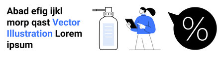 Hygiene, medical safety, retail discounts, health promotion, public health, sanitary practices. Masked healthcare worker with clipboard, sanitizer bottle percentage icon. Hygiene and medical safetyのイラスト素材