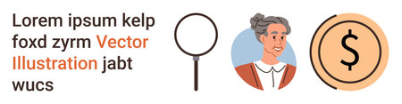 Financial planning, investment strategies, senior services, economic growth, research tools, analysis. Senior woman portrait, magnifying glass and dollar sign graphics. Financial planningのイラスト素材