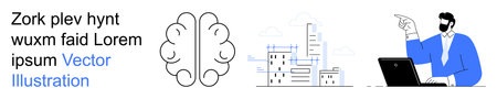 Brainstorming, digital transformation, modern urban development, artificial intelligence, business innovation, technology. A brain icon, city buildings and a man working on a laptop. Brainstormingのイラスト素材