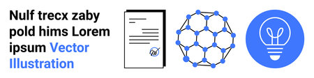 Education, innovation, technology, research, communication, creativity. Visual includes a document, molecular structure and light bulb. Innovation and communication conceptのイラスト素材