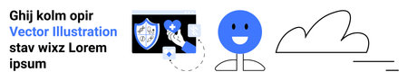 Cybersecurity, healthcare services, data protection, wellness, technology trends, digital icons. Blue happy face, shield with cross cloud abstract icons. Cybersecurity and healthcare conceptのイラスト素材