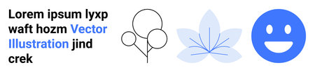 Celebration, design elements, emotions, placeholders, abstract, vector art. Outline of balloons, a blue flower a smiling face and placeholder text. Celebration and design elements conceptのイラスト素材