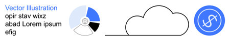 Cloud computing, data analysis, fintech, cloud storage, infographic design, digital connectivity. Pie chart, cloud icon and currency symbol in blue circle. Cloud computing and data analysisのイラスト素材