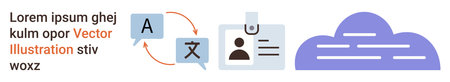 Language services, digital ID, cloud computing, data transfer, global communication, technology integration. Speech bubbles, ID badge and cloud graphic. Language services and digital IDのイラスト素材