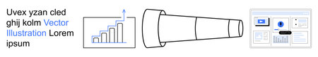 Business strategy, data analysis, future vision, market research, progress tracking, digital tools. Image features a chart and telescope. Business strategy and data analysisのイラスト素材