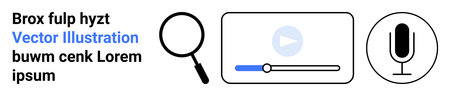Search tools, media streaming, audio recording, digital interaction, content creation, multimedia services. Magnifying glass, video player and microphone. Search tools and media streaming conceptのイラスト素材