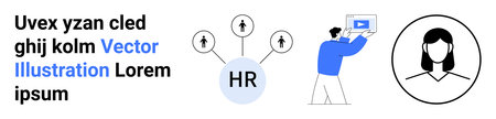 HR icon connecting arrows, professional viewing monitor, circular profile outline. Ideal for recruitment, remote education, team management, HR solutions, digital communication, employee trainingのイラスト素材