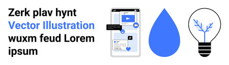 Application design, mobile communication, innovation, ecology, sustainability, digital networking. Smartphone interface with messages, blue water droplet and light bulb with tree inside. Mobileのイラスト素材