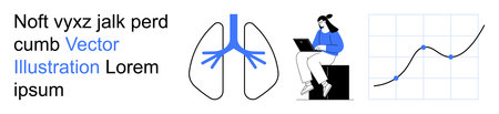 Medical research, data analysis, respiratory health, healthcare trends, medical education, diagnostics. Diagram of lungs, a researcher on laptop and a graph. Medical research and data analysis themeのイラスト素材