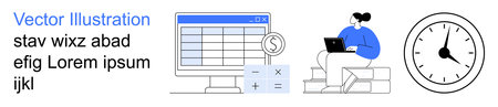 Business planning, productivity tools, time management, financial services, personal finance, remote work. A computer spreadsheet, calculator person on laptop and clock. Financial planningのイラスト素材