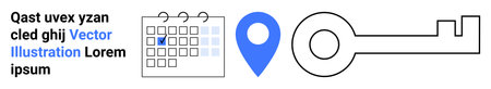 Time management, navigation, security, organization, authentication, tracking. Calendar with a checkmark, blue location pin and minimalist key symbol. Planning and navigationのイラスト素材