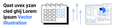 Business planning, analytics, growth strategy, scheduling, productivity tools, data visualization. Image shows a calendar, upward arrows and data graphs. Business planning and analytics conceptsのイラスト素材