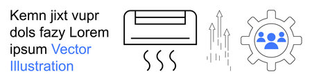 Climate control, engineering systems, operational efficiency, workforce collaboration, technical analysis, team organization. Air conditioning unit, performance metrics, and cogwheel with group iconのイラスト素材