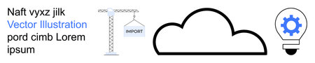 Cloud computing, logistics, technology, innovation, imports, operations. A crane with an import sign, cloud icon and lightbulb with a gear. Cloud computing and logistics ideasのイラスト素材