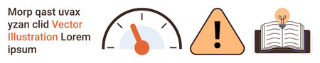 Education, warnings, productivity, safety, innovation, speed. Speedometer, warning sign book with lightbulb. Productivity and warnings with engaging conceptual iconsのイラスト素材