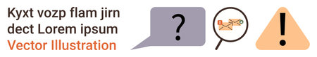 Problem-solving, communication, email analysis, cybersecurity, alerts, question resolution. Speech bubble with question mark, magnified email warning triangle. Problem-solving and communicationのイラスト素材