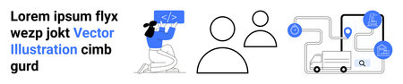 Technology, networking, coding, logistics, data management, user profiles. A person coding, user...