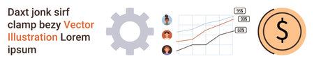 Business optimization, data analytics, finance strategy, teamwork, productivity, project management. Gear icon, graph chart with avatars dollar symbol. Business optimization and data analyticsのイラスト素材