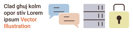 Data protection, cybersecurity, secure communication, privacy, information storage, networking. Speech bubbles, database servers, and a padlock communication security and data protectionのイラスト素材