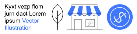 Small businesses, eco-friendly initiatives, financial planning, shopping, sustainability, market trends. A storefront, leaf and dollar sign icon. Commerce and eco-friendly initiatives conceptのイラスト素材