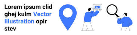 Blue pin marker, person with magnifying glass, and individual holding a screen. Ideal for business analysis, navigation, marketing, data research, education, strategy and simple landing pageのイラスト素材