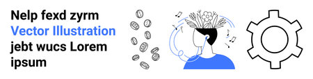 Coins scattering, a person wearing headphones with flowers and music notes emerging, gear icon. Ideal for creativity, innovation, finance, technology, teamwork, education simple landing pageのイラスト素材