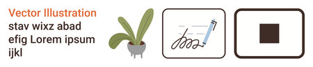 Home decor, creative design, minimalism, modern life, stationery, branding. A potted plant, a pen with squiggly lines and a square icon. Home decor and creative design conceptのイラスト素材