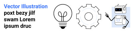 Innovation, technology, automation, robotics, teamwork, creativity. Gear, light bulb and robot icon with pointing arm. Innovation and technology concepts emphasizing teamwork and creativityのイラスト素材