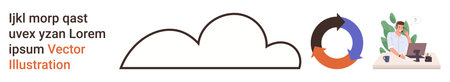 Cloud computing, workflow optimization, teamwork, productivity, data storage, collaboration. Minimalist cloud outline, circular process diagram person working on a laptop. Cloud computingのイラスト素材