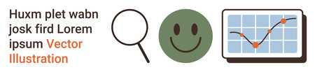 Business analysis, customer satisfaction, data monitoring, trend visualization, market research, and performance tracking. A magnifying glass, a happy face and a graph icon. Business analysisのイラスト素材
