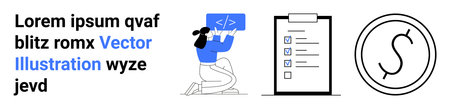 Software development, task management, finance, productivity, teamwork, workflow strategy. Woman coding with brackets, clipboard with checklist circular currency symbol. Software developmentのイラスト素材